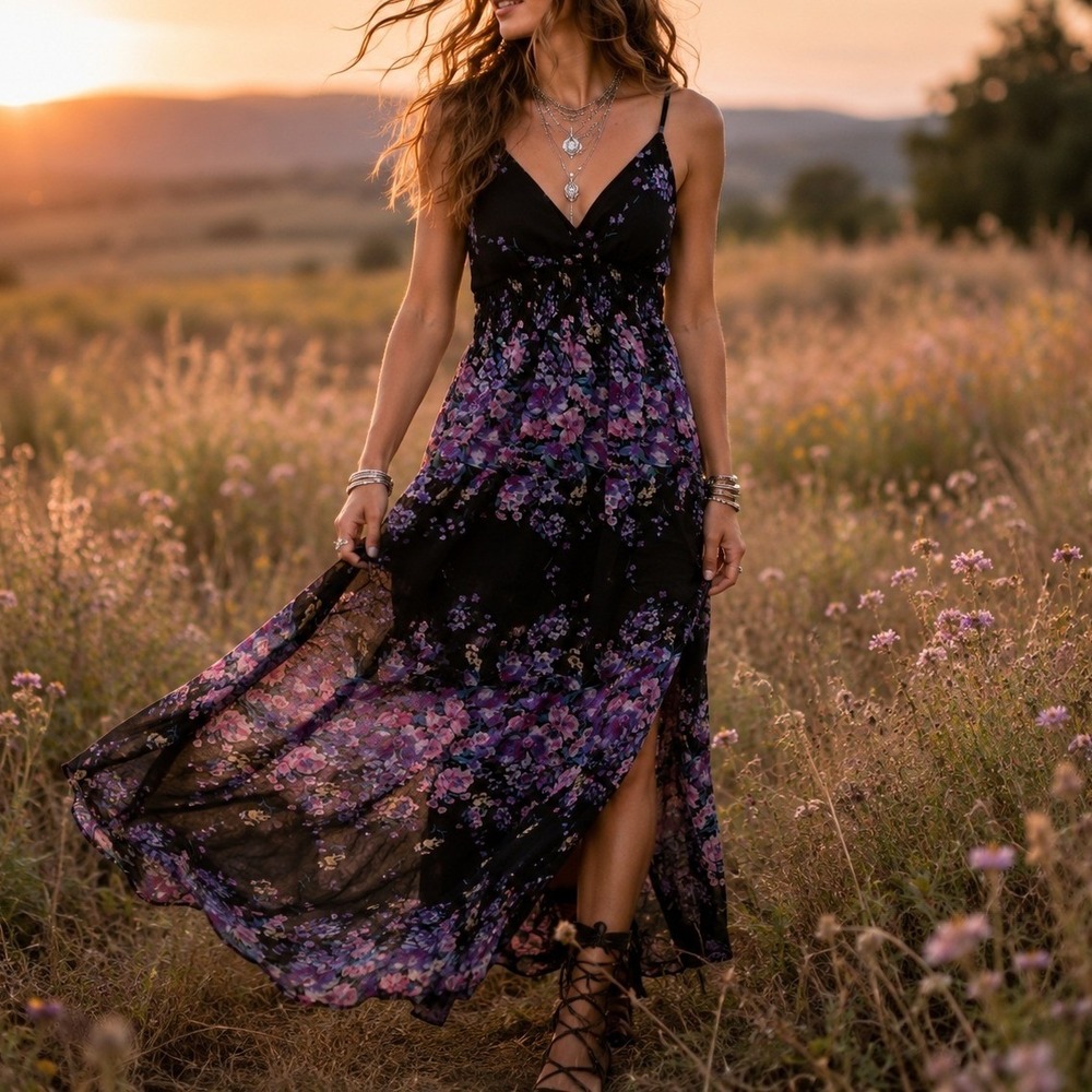 She's Cool Black Purple Floral Smocked Waist Maxi Dress Womens Size M V-Neck
